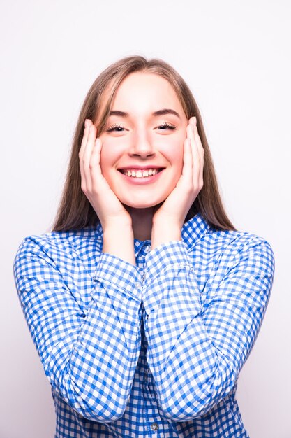 Pretty smiling young woman in black glasses with crossed arms on her chest. Isolated on white wall, mask included