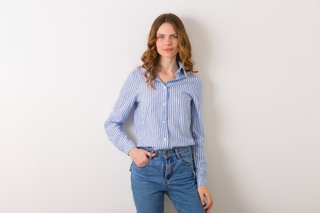 Free photo pretty stylish young woman posing in denim style outfit on white