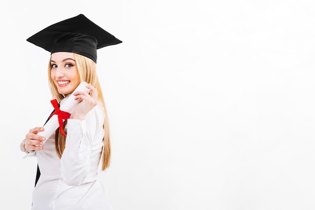 Free photo pretty woman having diploma of university