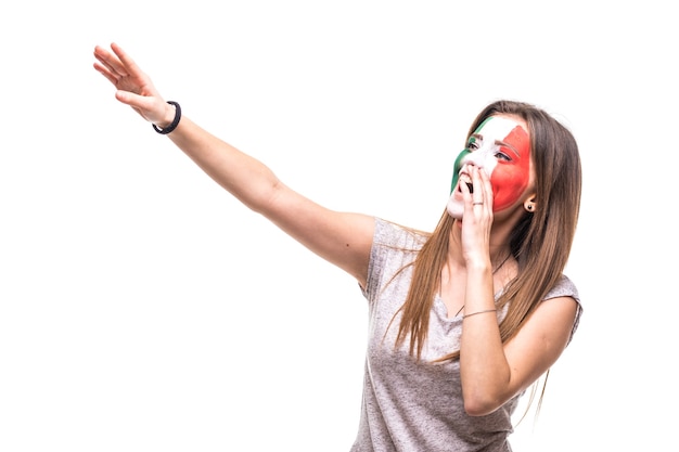 Free Photo pretty woman supporter fan of mexico national team painted flag face get happy victory screaming pointed hand. fans emotions.