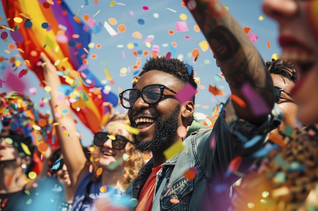 Pride scene with rainbow colors and men celebrating their sexuality