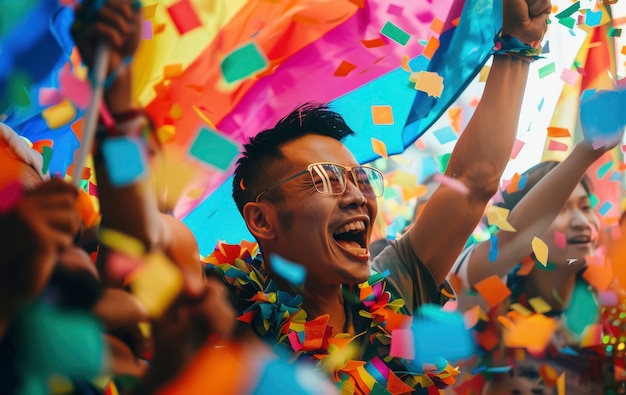 Free photo pride scene with rainbow colors and men celebrating their sexuality