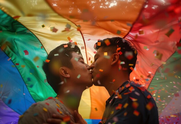 Pride scene with rainbow colors and men celebrating their sexuality