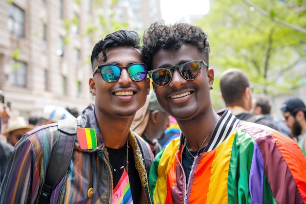 Pride scene with rainbow colors and men celebrating their sexuality