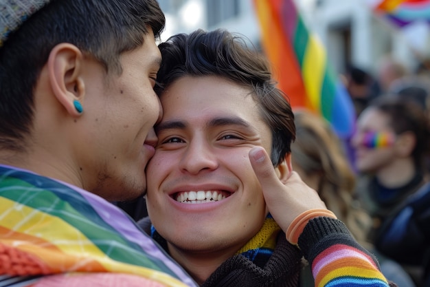 Free photo pride scene with rainbow colors and men celebrating their sexuality