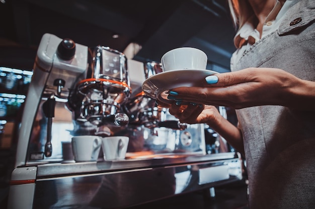 Free Photo process of coffee making using brand new coffee machine at cafe by expirienced barista.