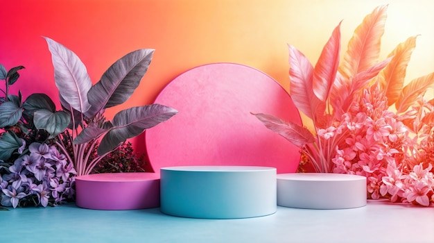 Free photo product showcasing platforms with dreamy colors and aesthetic