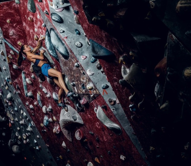 Free photo professional female climber on a bouldering wall indoors.