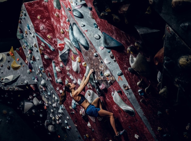 Free Photo professional female climber on a bouldering wall indoors.