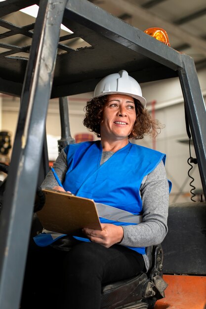 Professional female driver operating forklift vehicle