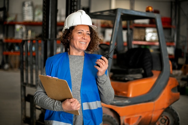 Professional female driver operating forklift vehicle