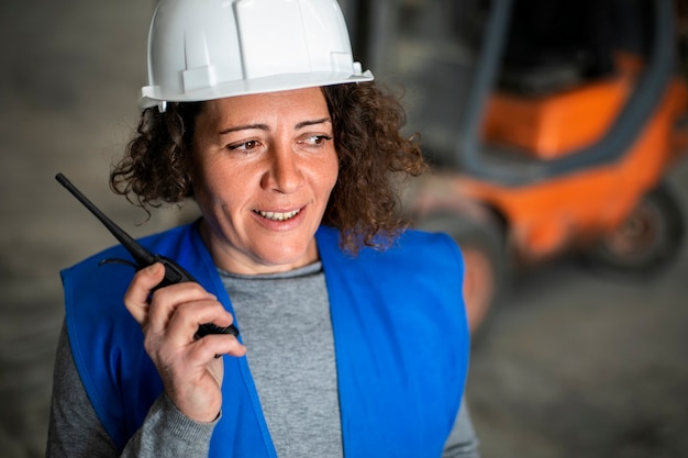 Professional female driver operating forklift vehicle