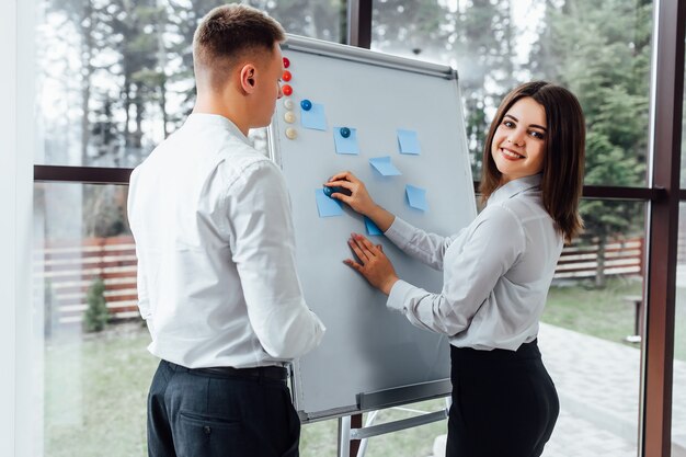 Professional male and female business partners having meeting to discuss planning strategy for common startup project