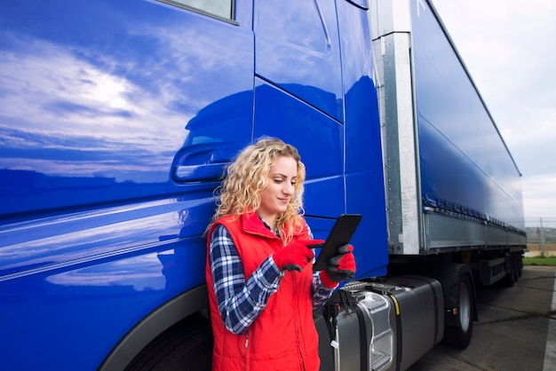 Free photo professional truck driver setting up navigation for destination