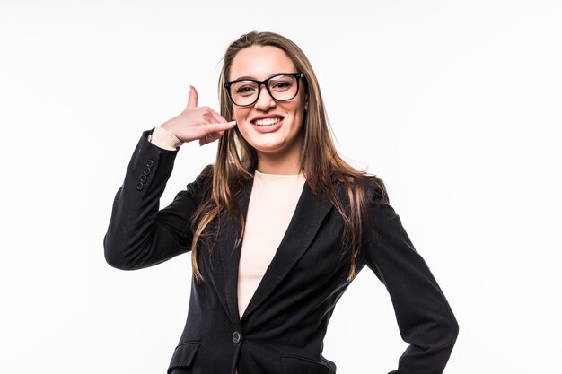 Professional woman wearing black dress suite on a white.