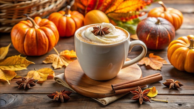 Free photo pumpkin spice latte with fall decor