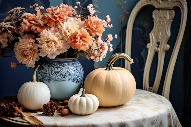 Free photo pumpkins arrangement indoors