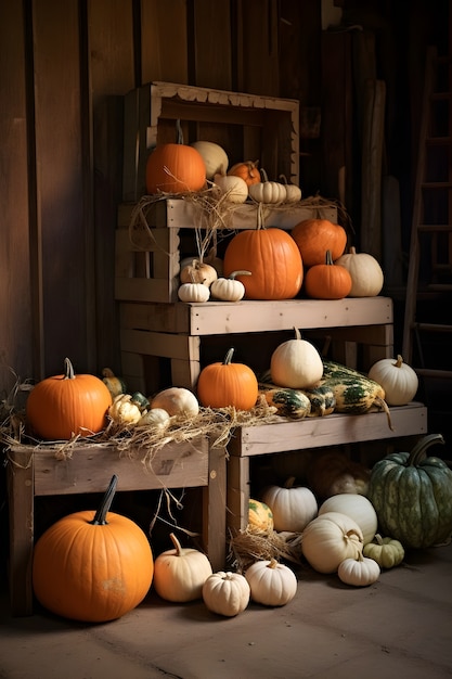 Free Photo pumpkins arrangement indoors