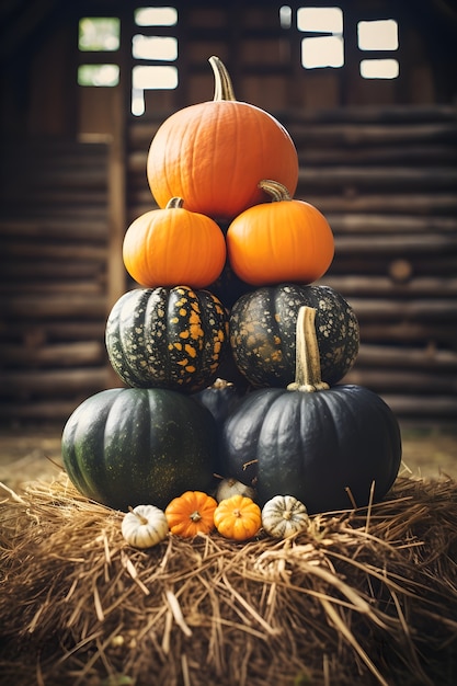 Free Photo pumpkins arrangement indoors