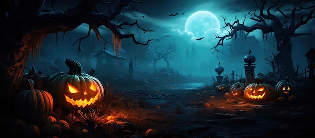 Free photo pumpkins glow in a moonlit eerie forest setting