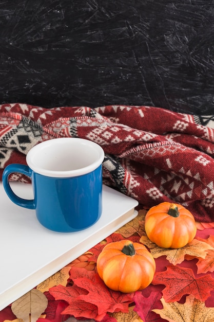 Free Photo pumpkins and mug near blanket