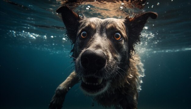 Free photo purebred retriever swimming underwater with playful fish generative ai