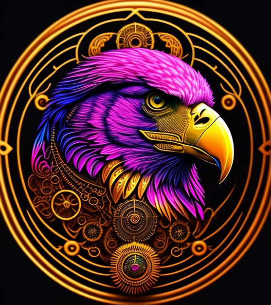 A purple bird with a yellow beak and a gold ring around the head.