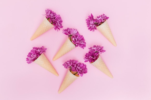 Free Photo purple flowers in waffle cones