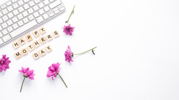 Purple flowers with Happy Mothers Day inscription 