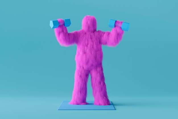 Purple yeti cartoon with dumbbells