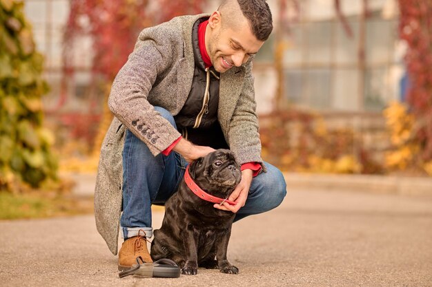 Putting a dog-collar. A pet owner putting a dog-collar on his pets neck