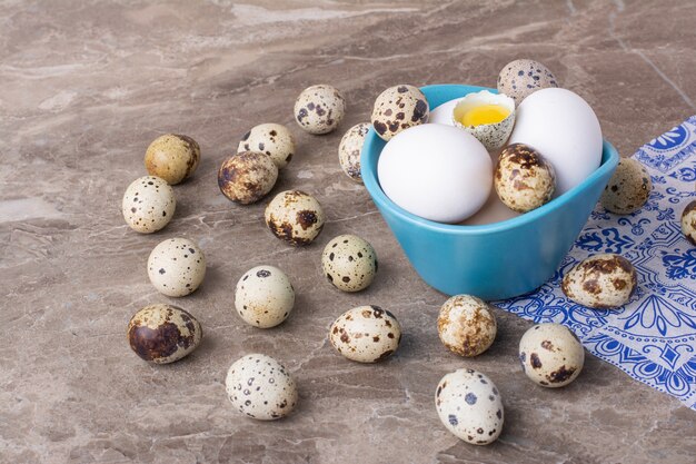 Quail and chicken eggs in a blue cup