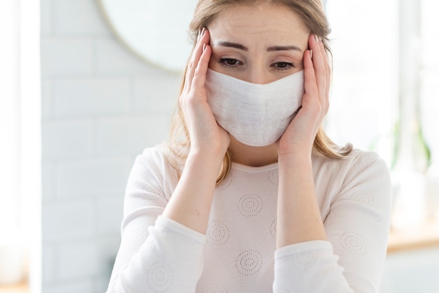 Quarantine daily activities and woman with mask