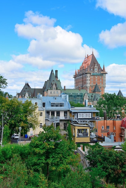 Quebec City cityscape panorama with cloud, blue sky and historical buildings.