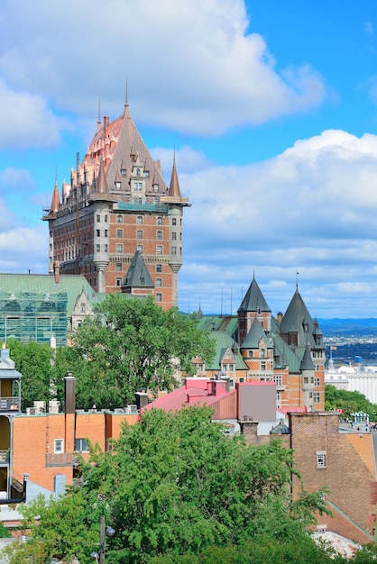 Quebec City cityscape panorama with cloud, blue sky and historical buildings.