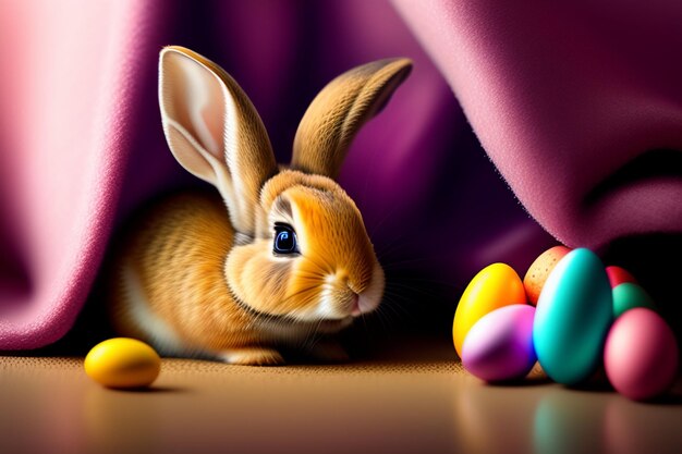 A rabbit sits under a purple curtain with easter eggs on it.