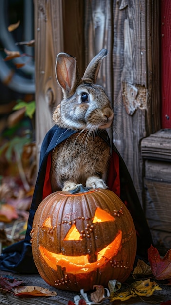 Free photo rabbit wearing halloween costume