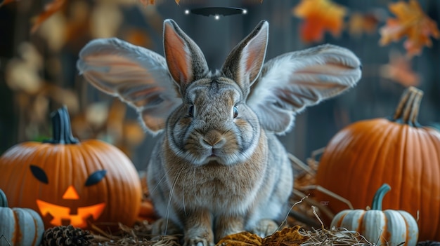 Free photo rabbit wearing halloween costume