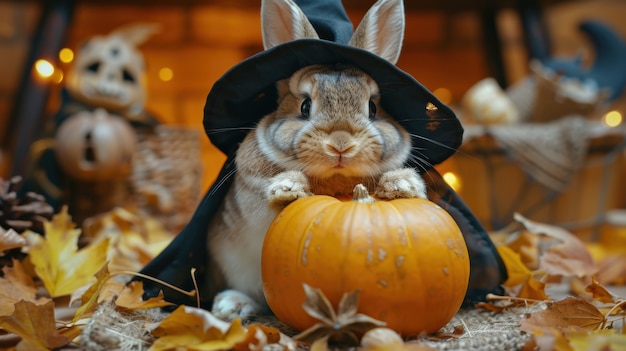 Free photo rabbit wearing halloween costume