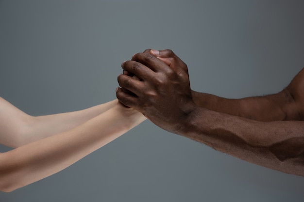 Free photo racial tolerance. respect social unity. african and caucasian hands gesturing isolated on gray