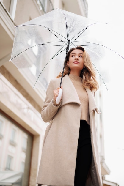 Rain portrait of young beautiful woman with umbrella