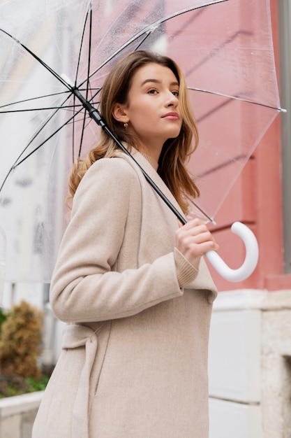 Rain portrait of young beautiful woman with umbrella