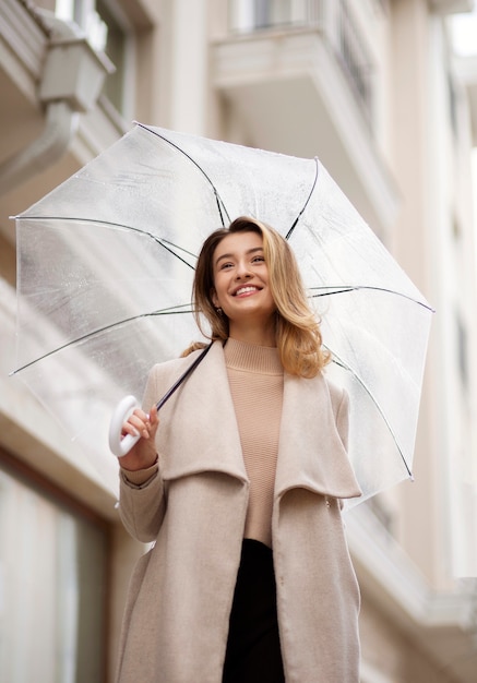 Rain portrait of young beautiful woman with umbrella