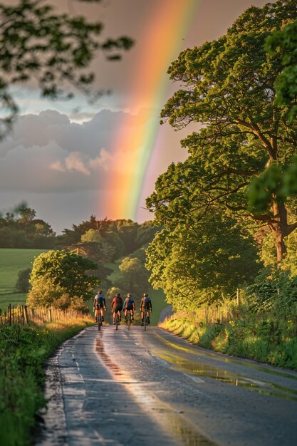 Rainbow at the end of a road landscape