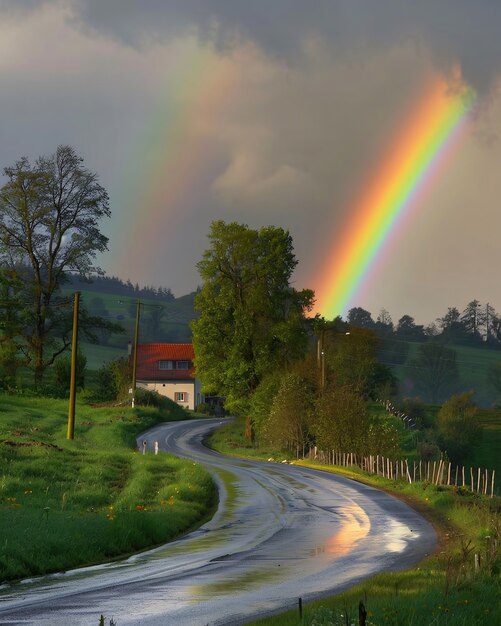 Rainbow at the end of a road landscape