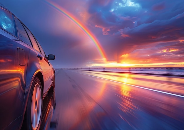 Free photo rainbow at the end of a road landscape