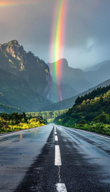 Rainbow at the end of a road landscape