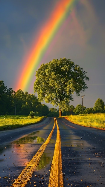 Rainbow at the end of a road landscape