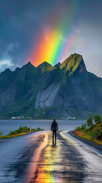 Free photo rainbow at the end of a road landscape