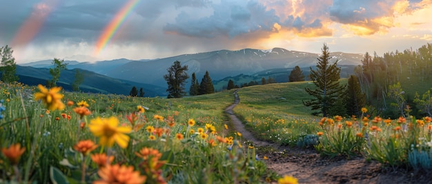 Free Photo rainbow at the end of a road landscape